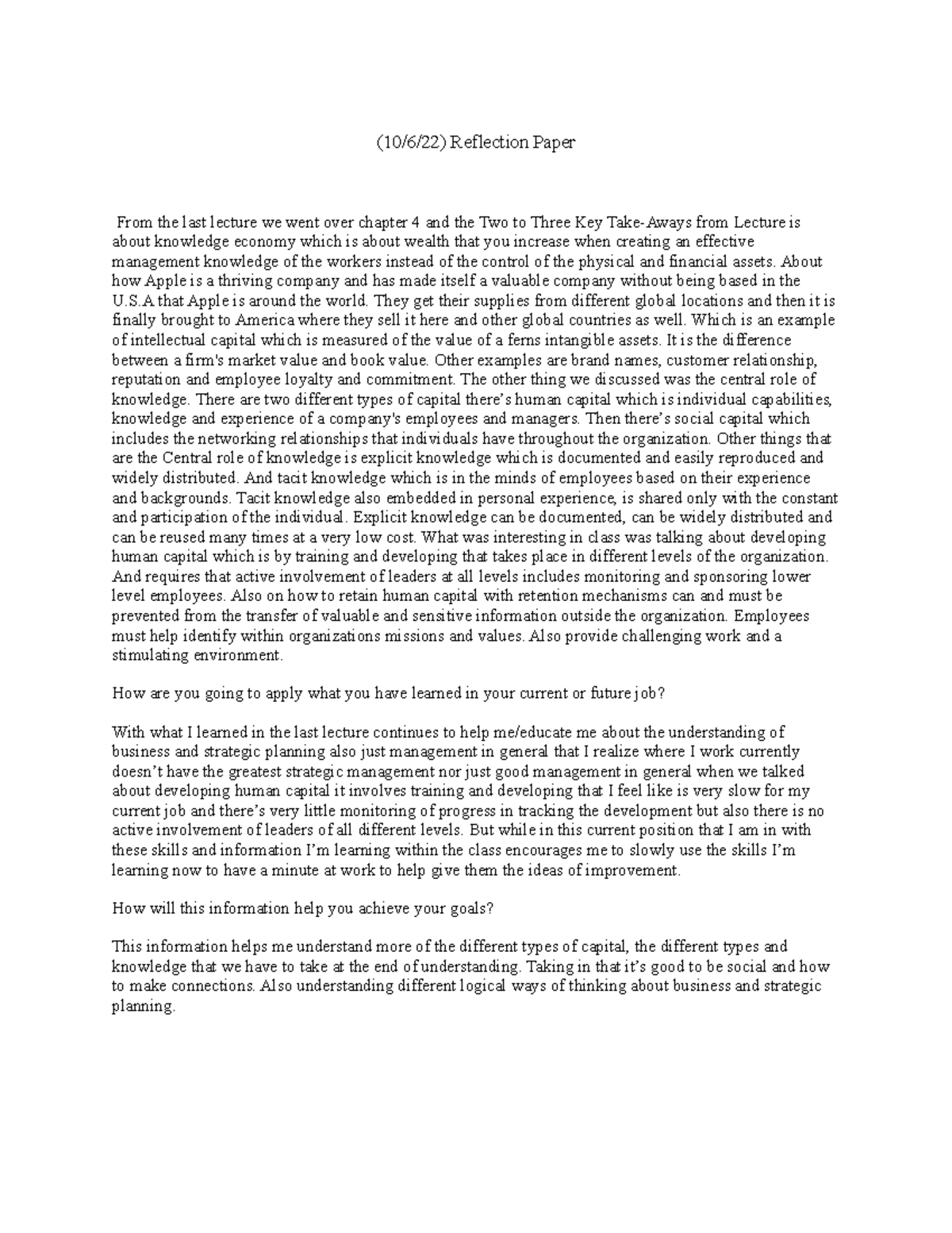 10 6 22 - reflection on class work - (10/6/22) Reflection Paper From ...