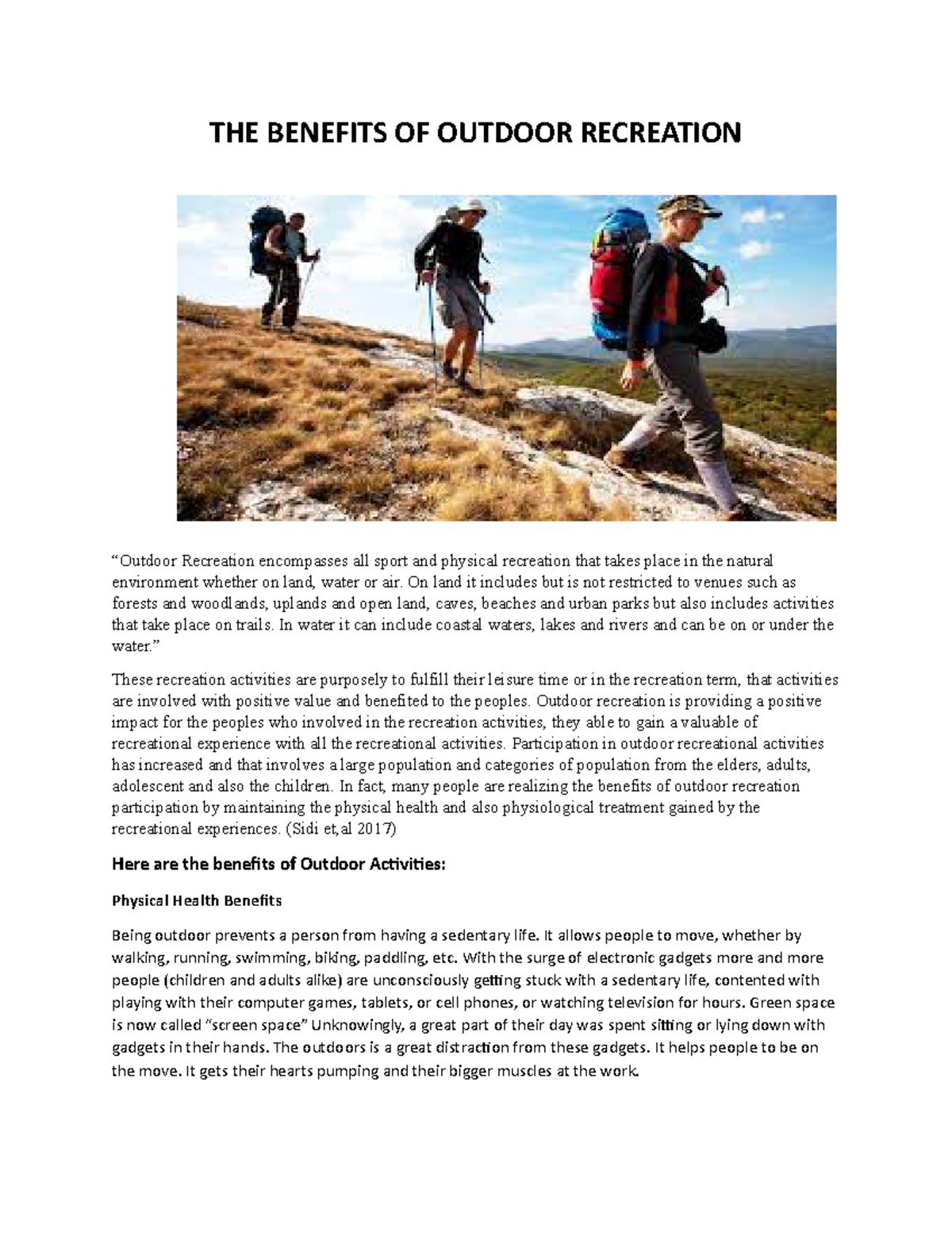 THE Benefits OF Outdoor Recreation - THE BENEFITS OF OUTDOOR RECREATION ...