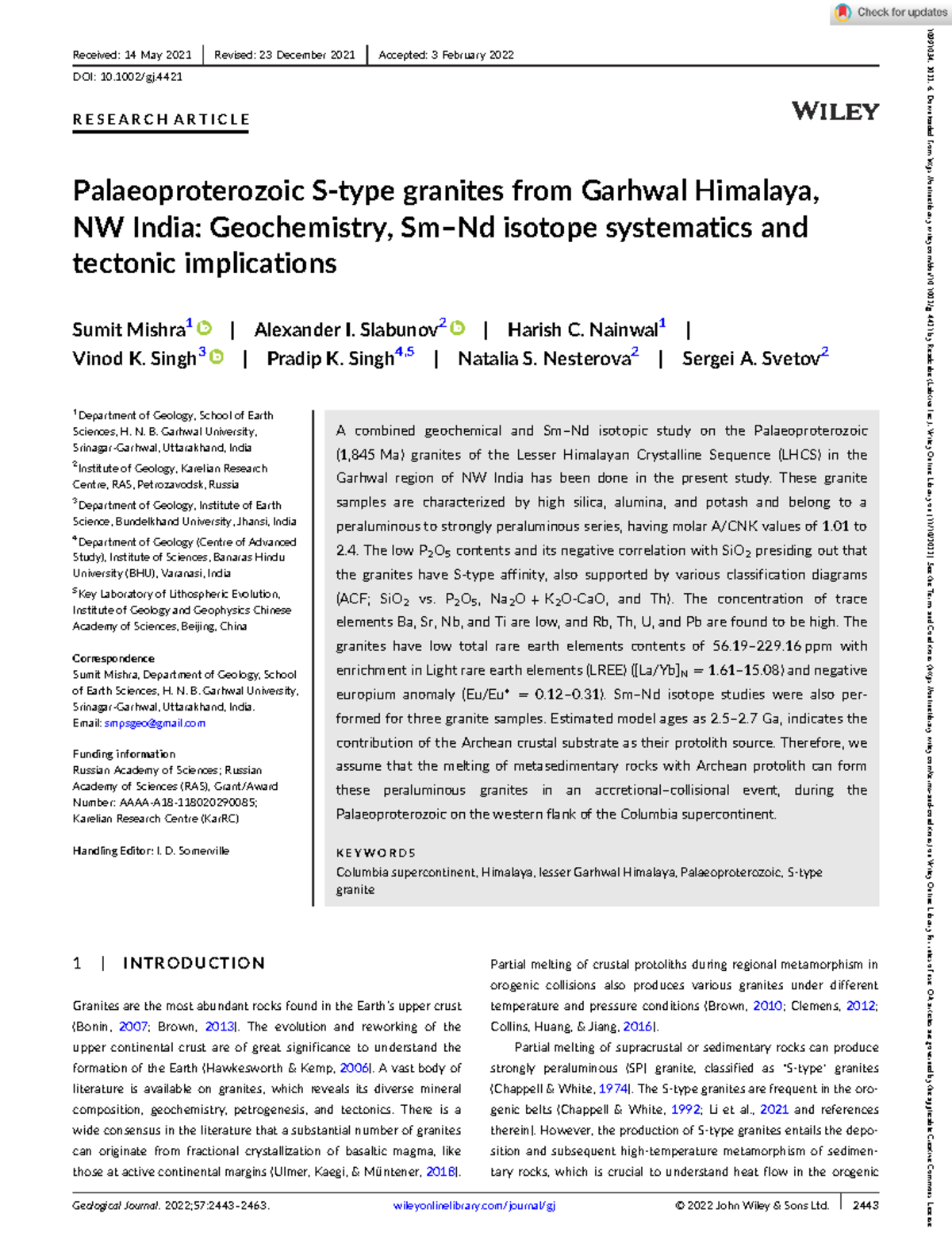Geological Journal 2022 Mishra Palaeoproterozoic S‐type granites