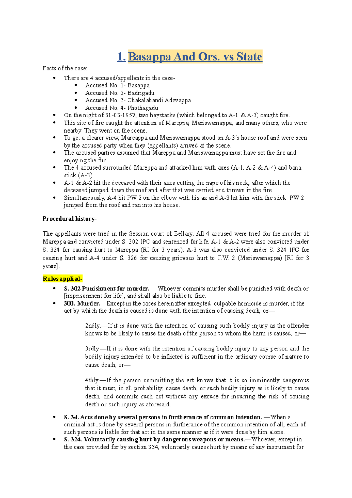 LM Case Briefs - NOTES TO THE MODULE - 1. Basappa And Ors. vs State ...