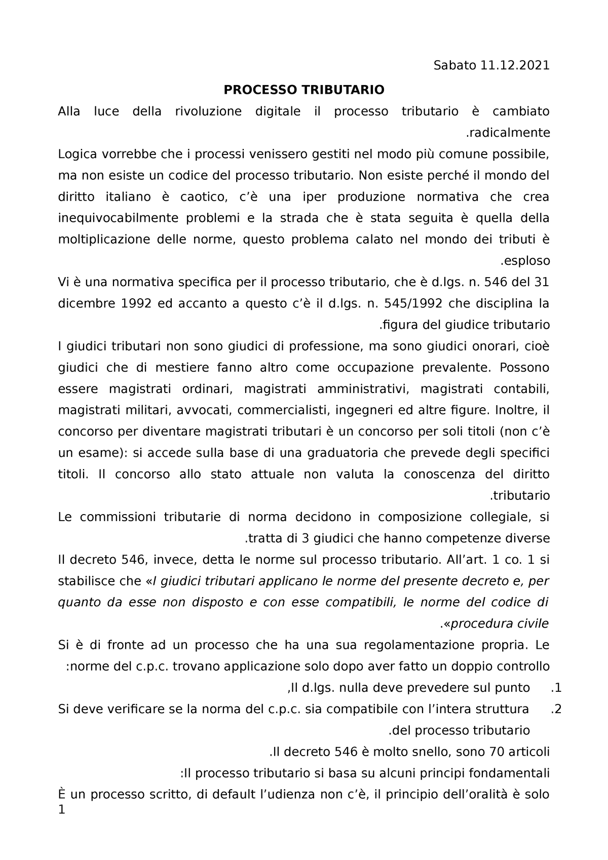 Diritto Tributario - Processo Tributario Telematico - Sabato 11 ...