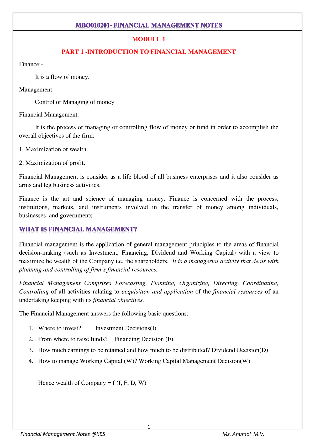 FM Mod 1 - Theory notes on Financials managements - 1 MODULE 1 PART 1 ...