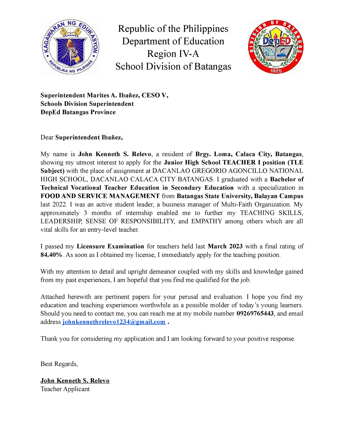 Cover Letter - Superintendent Marites A. Ibañez, CESO V, Schools ...