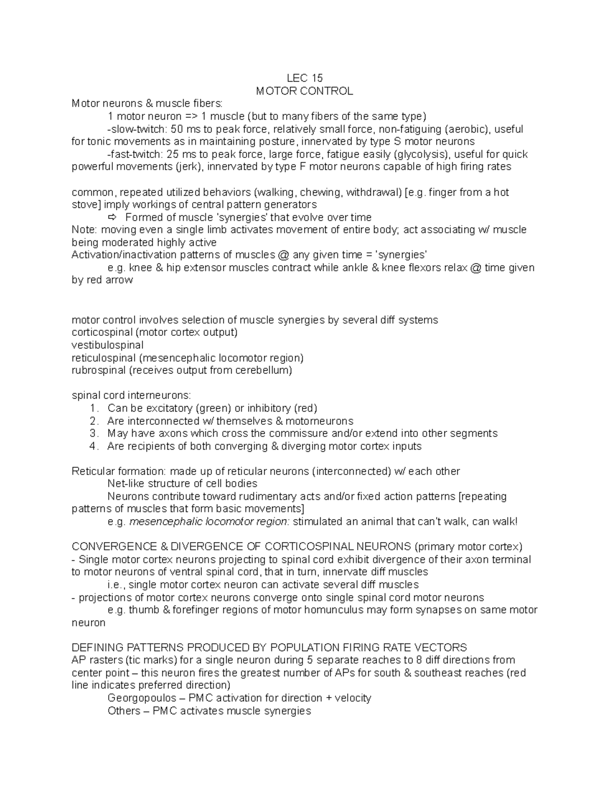 LEC 15-16 - Lecture notes 15, 16 - LEC 15 MOTOR CONTROL Motor neurons ...