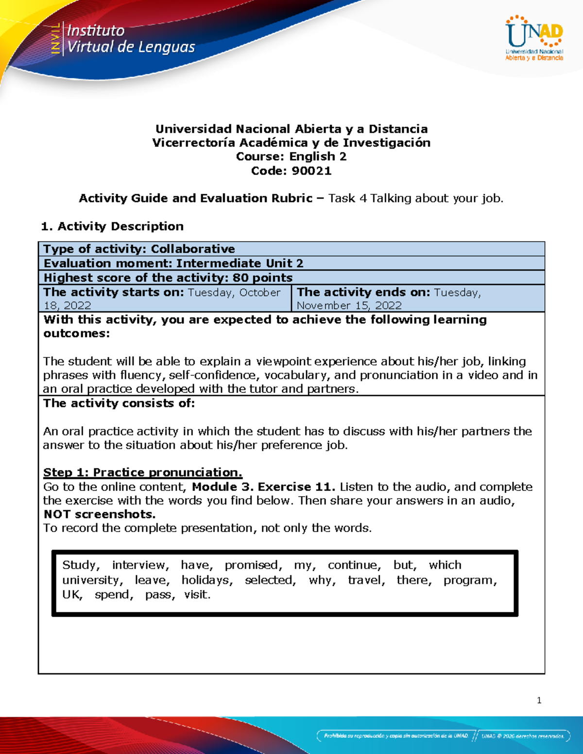 Activities guide and evaluation rubric - Unit 2 - Task 4 - Talking ...