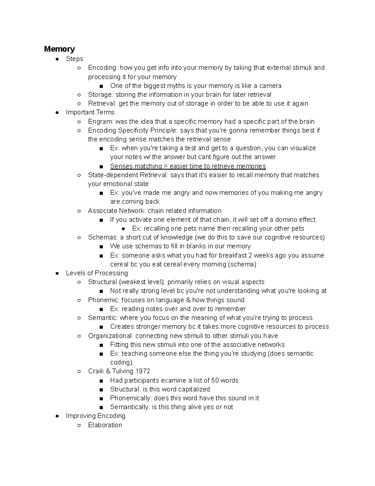 Psych 111 Exam 4 Notes - Memory Steps Encoding: how you get info into ...