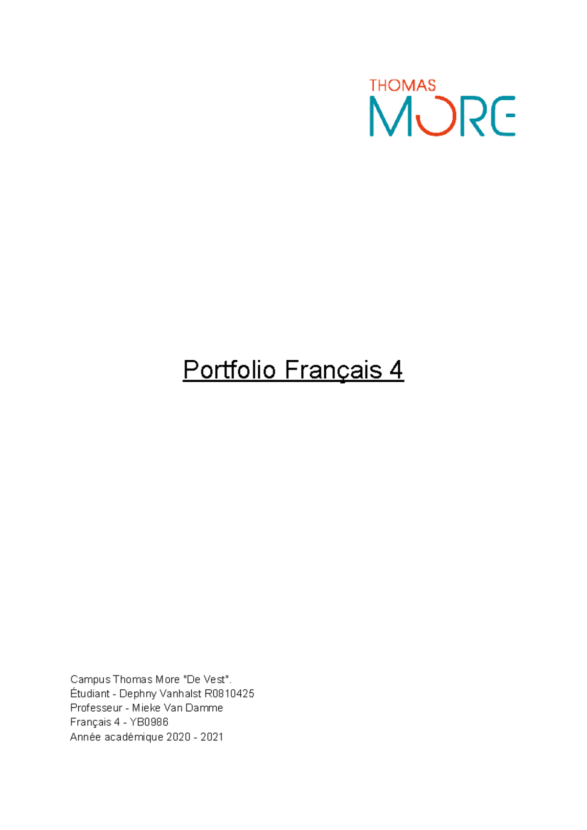 Portfolio Français 4 Portfolio Français 4 Campus Thomas More "De Vest