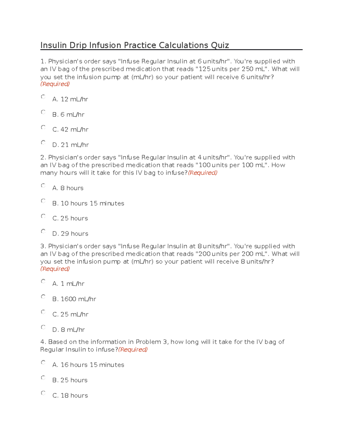 Nursing Dosing Quiz Questions Insulin Drip Infusion Practice