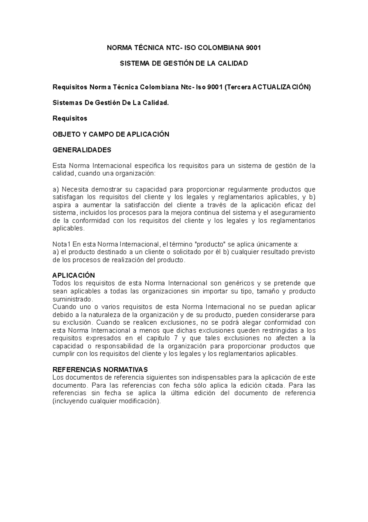 Norma Técnica NTC- ISO Colombiana 9001 Sistema Gestión Calidad - NORMA ...