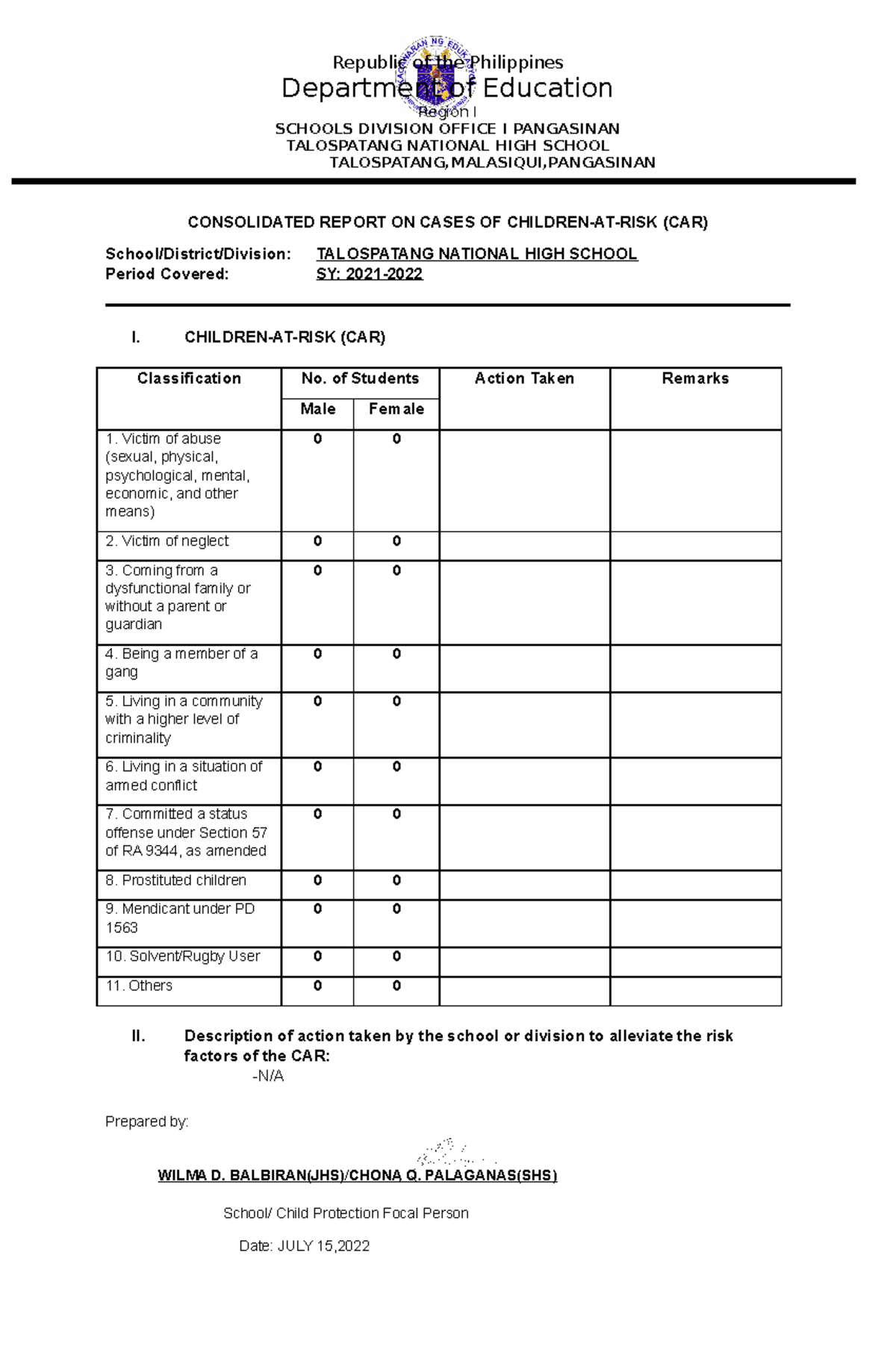 School Data on Cases Involving Children at Risk - Republic of the ...