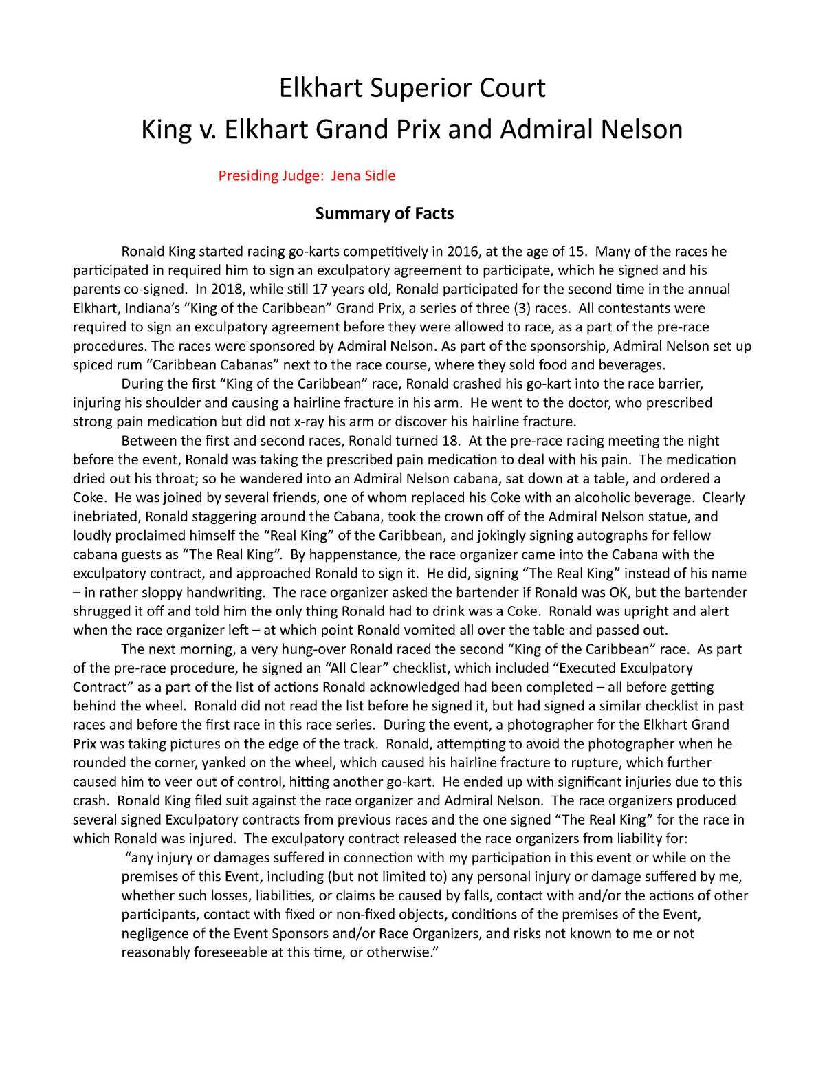 Brief for Jury Decisions For Distribution King v Elkhart Grand