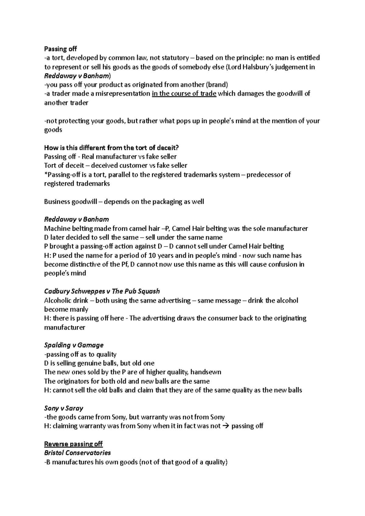 Passing off Key Principles + Key Cases Passing off a tort