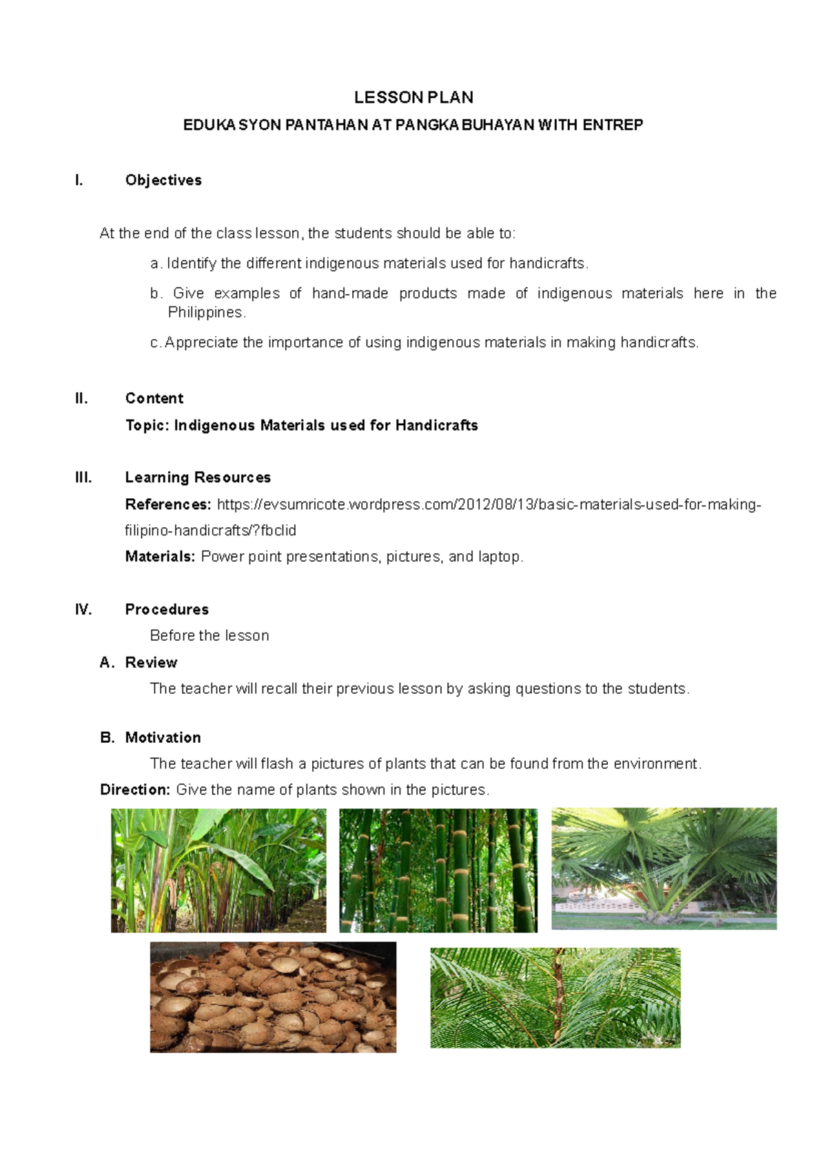 Indigenous Materials Used For Handicrafts LESSON PLAN EDUKASYON 