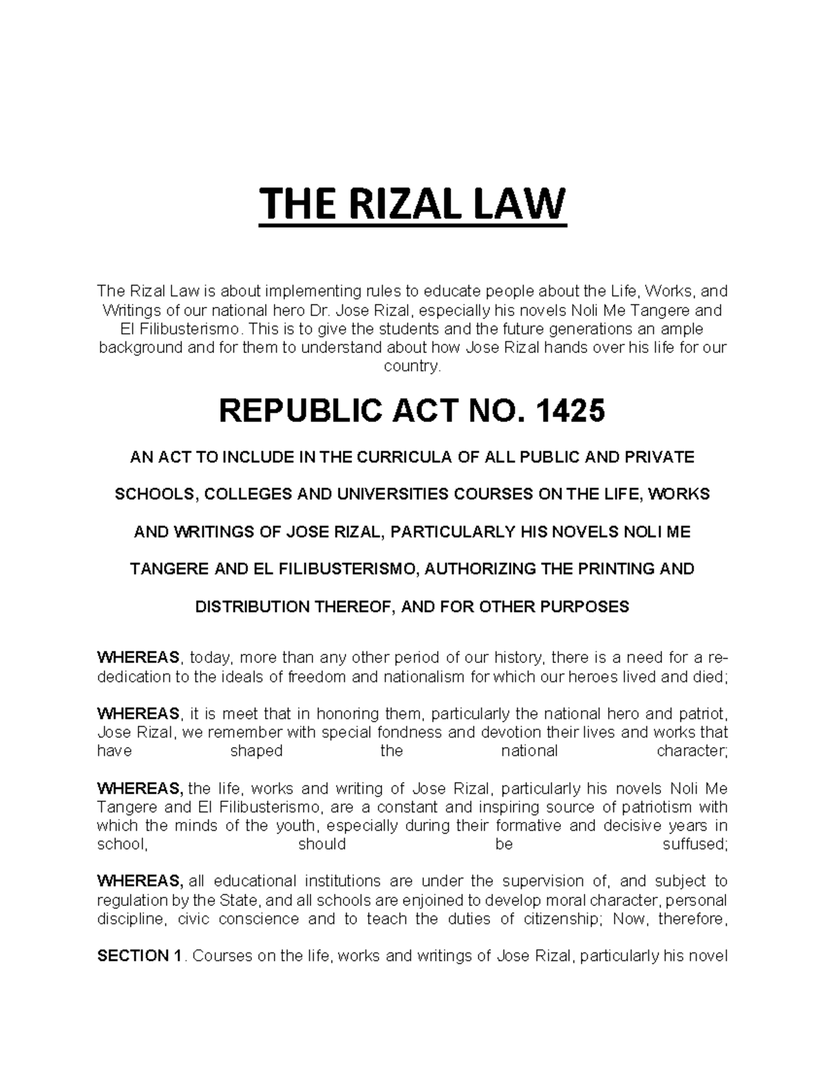 THE- Rizal-LAW - Summary BS Architecture - THE RIZAL LAW The Rizal Law ...