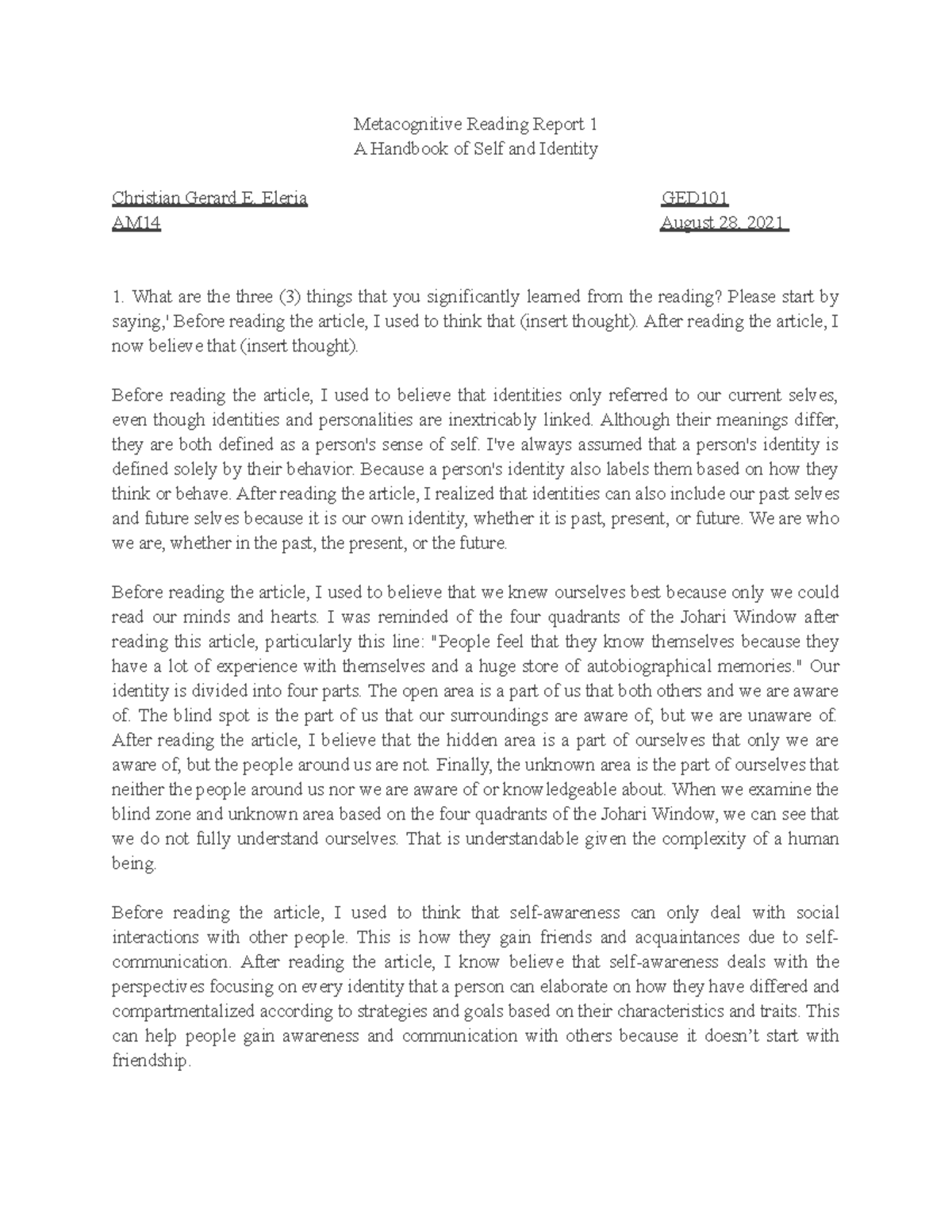 GED101 AM14 Eleria MRR 1 - Metacognitive Reading Report 1 A Handbook of ...