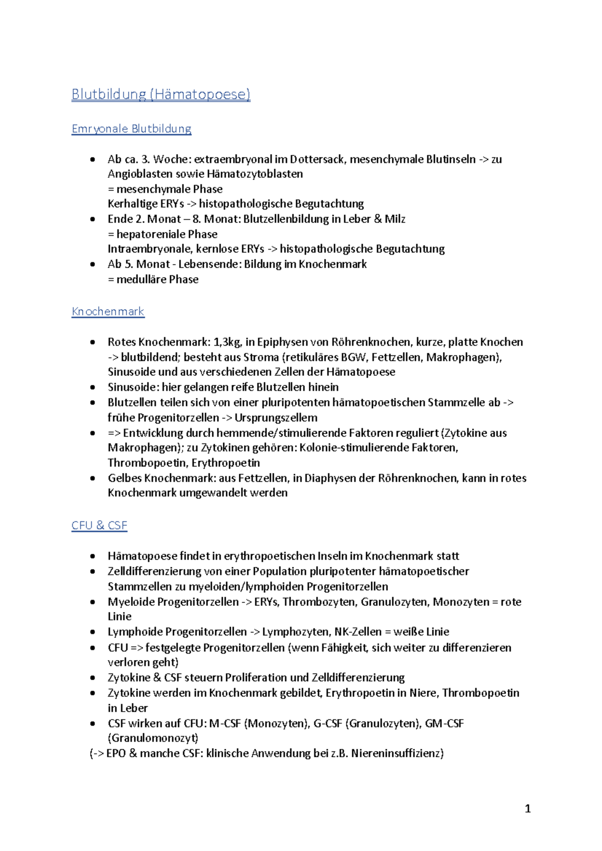 Blutbildung Histologie - 1 Blutbildung (H‰matopoese) Emryonale ...