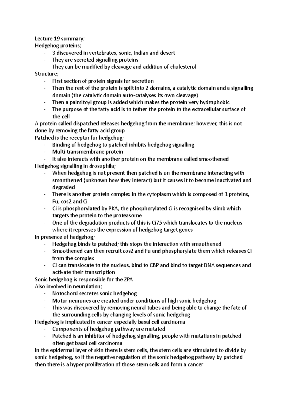 Lecture 19 Summary - Lecture 19 Summary; Hedgehog Proteins; - 3 