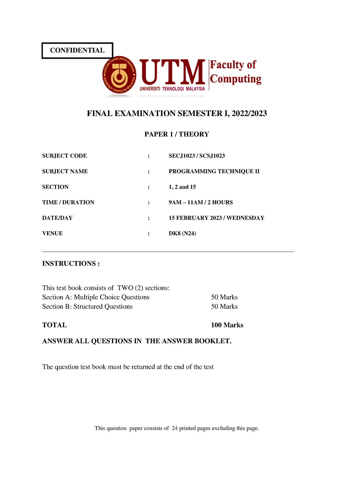 2023 FEB - 2023 Exam - FINAL EXAMINATION SEMESTER I, 20 22 /20 23 PAPER ...