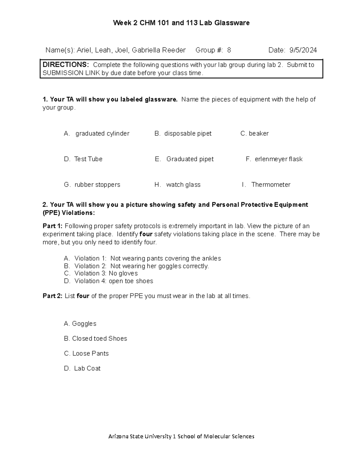 Lab 2 How is glassware used Group 8 (O) - Week 2 CHM 101 and 113 Lab ...