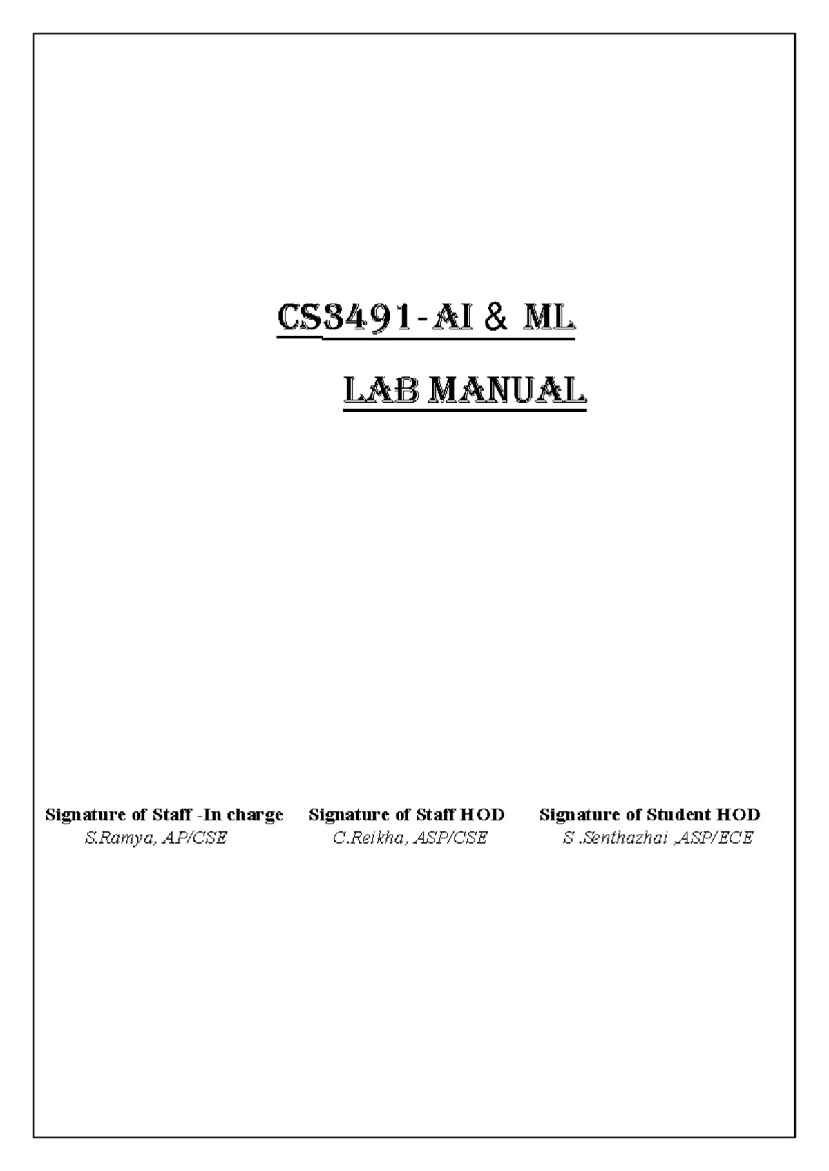 AIML lab manual Signature of Student HOD S .Senthazhai ,ASP/ECE