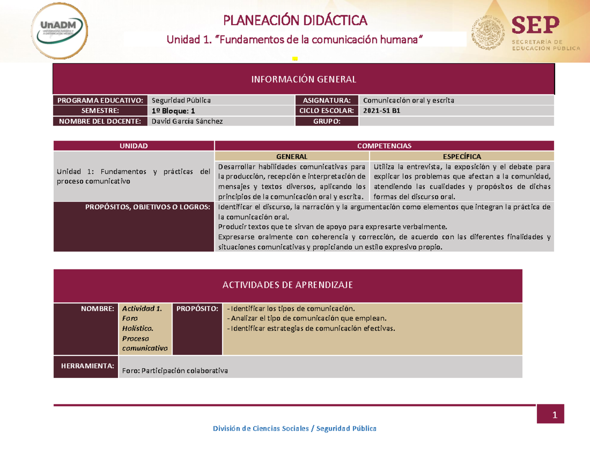 Planeación didáctica U1 comunicacion oral y escrita yair - 1 Unid ad 1