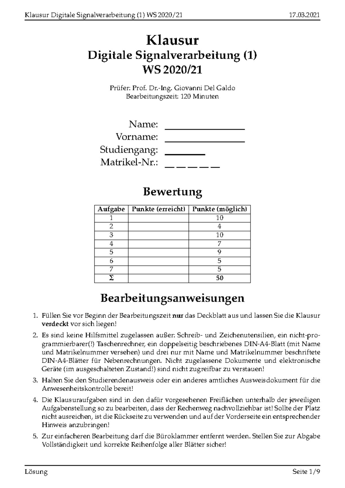Dsv exam ws2021 solution - Klausur Digitale Signalverarbeitung (1) WS ...