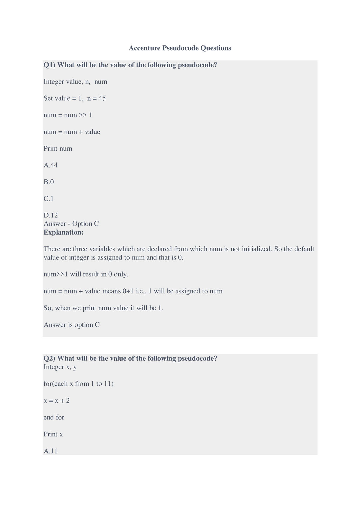 Accenture Pseudocode Questions - B. C. D. Answer - Option C Explanation ...