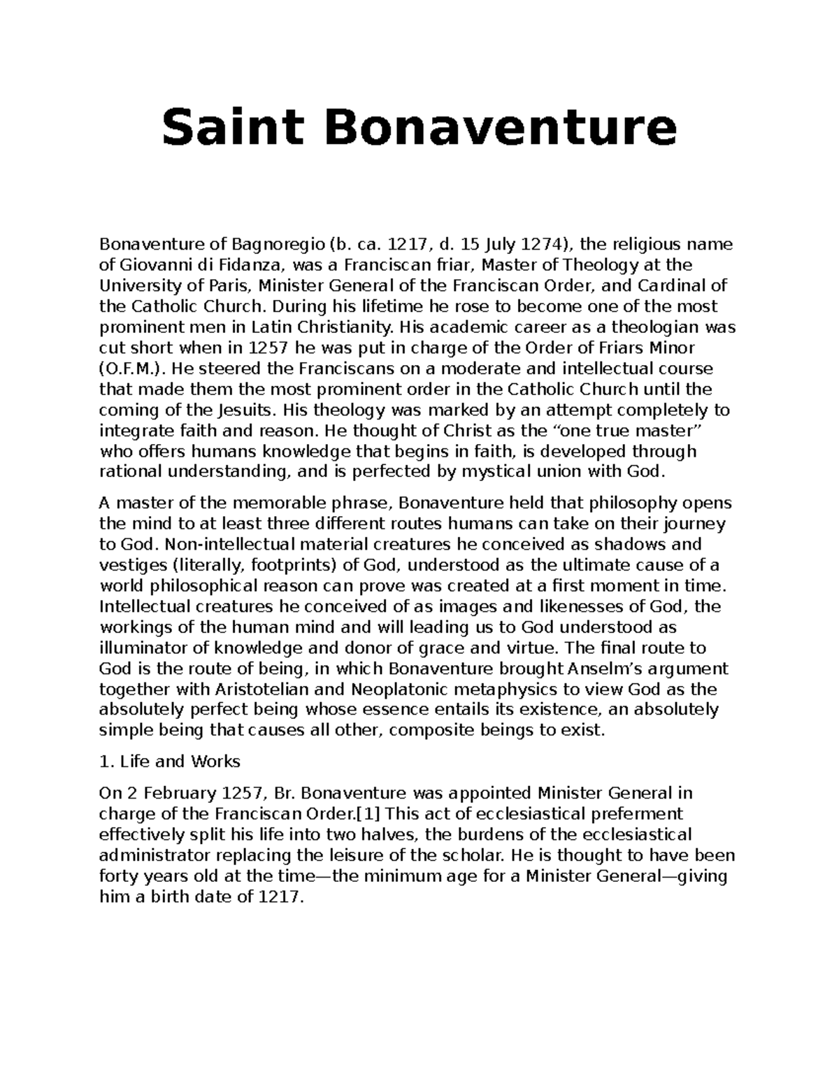 Lecture 8 Saint Bonaventure Saint Bonaventure Bonaventure of