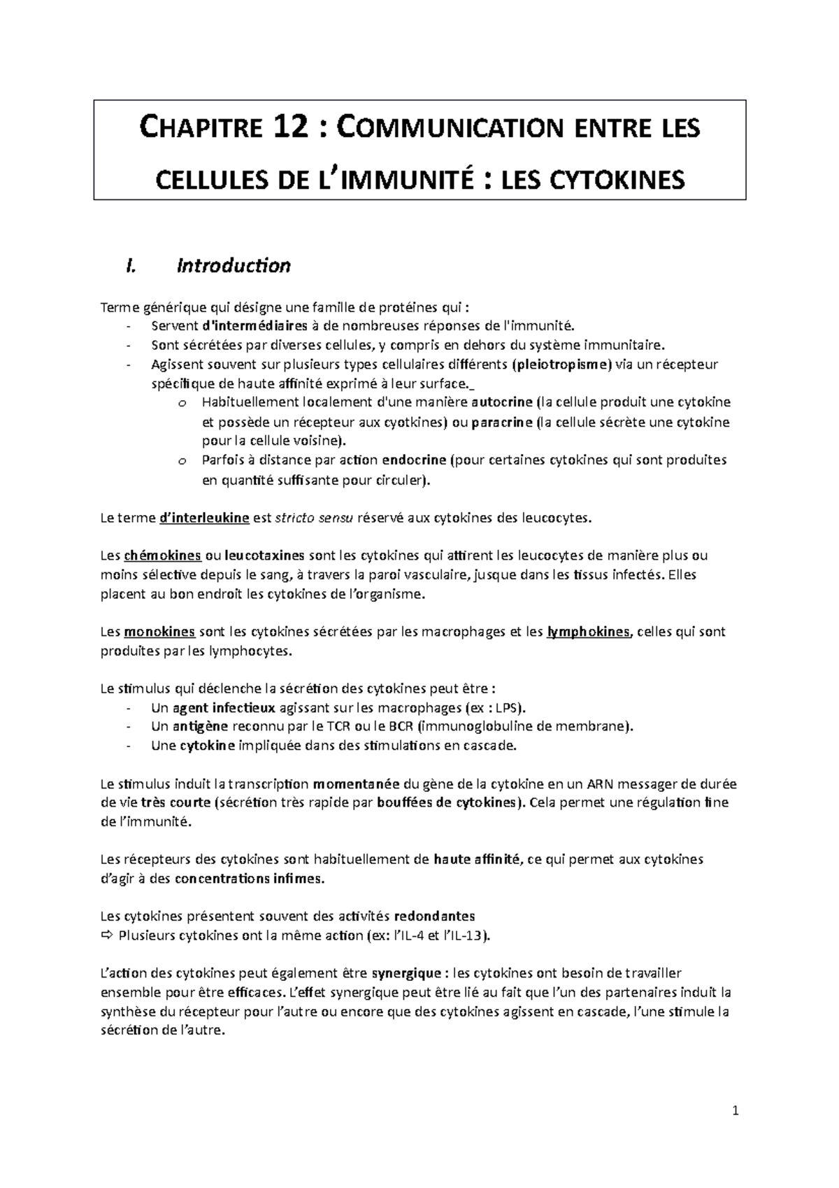 Immunologie générale Chapitre 12 Les cytokines CHAPITRE 12