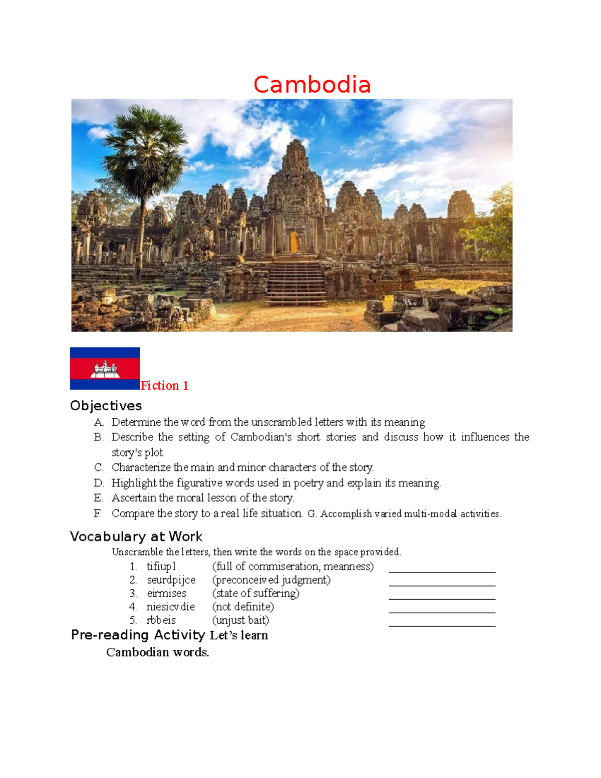 Asean LIT 13 - Cambodia Fiction 1 Objectives A. Determine the word from ...