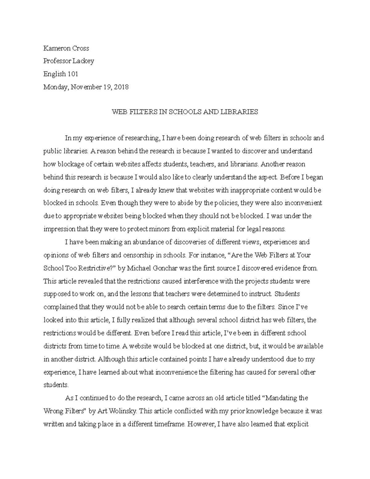 Research Essay [ Final Draft] - Kameron Cross Professor Lackey English ...