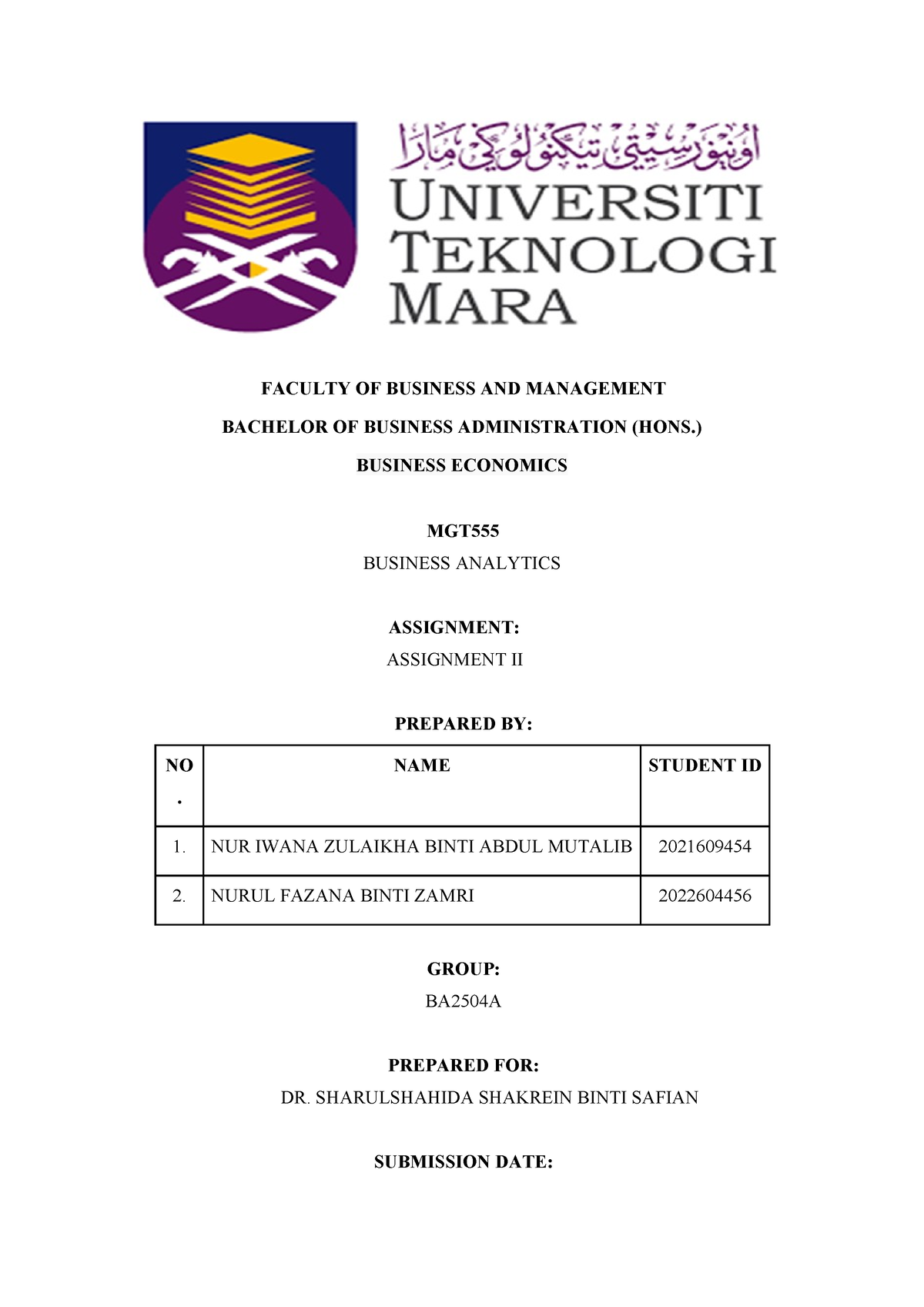 Assignment 2 - FACULTY OF BUSINESS AND MANAGEMENT BACHELOR OF BUSINESS ...