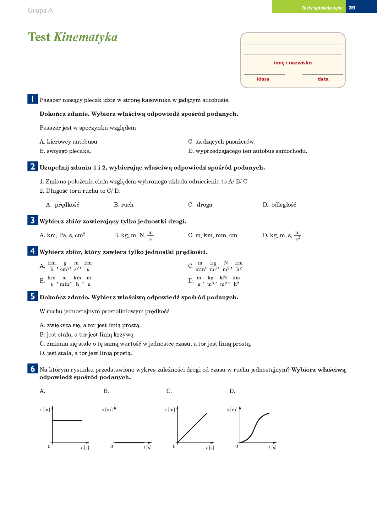 [Test 4] Kinematyka [A] - 3939 Imię I Nazwisko Klasa Data Grupa A 7esty ...