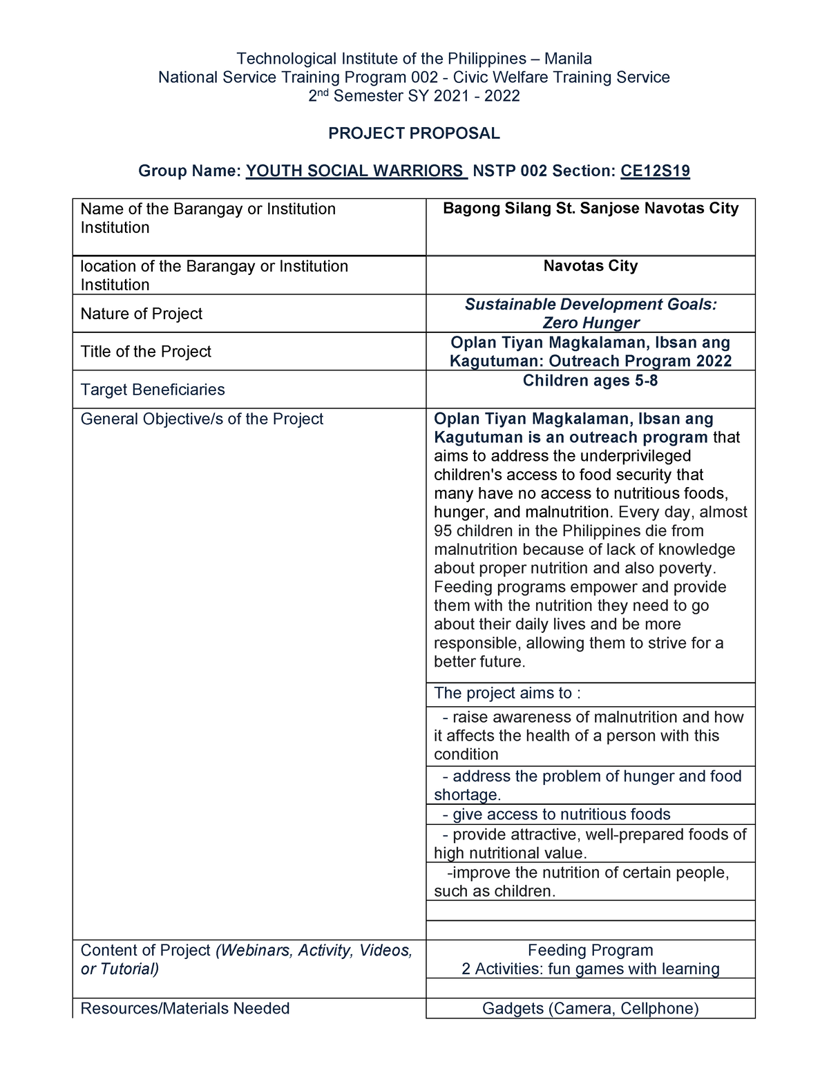 feeding program project proposal methodology