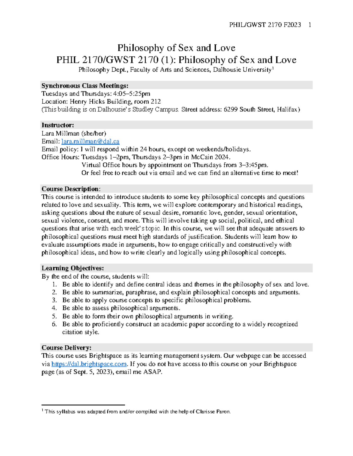 Phil 2170 Syllabus Philosophy Of Sex And Love Phil 2170 Gwst 2170 1 Philosophy Of Sex And