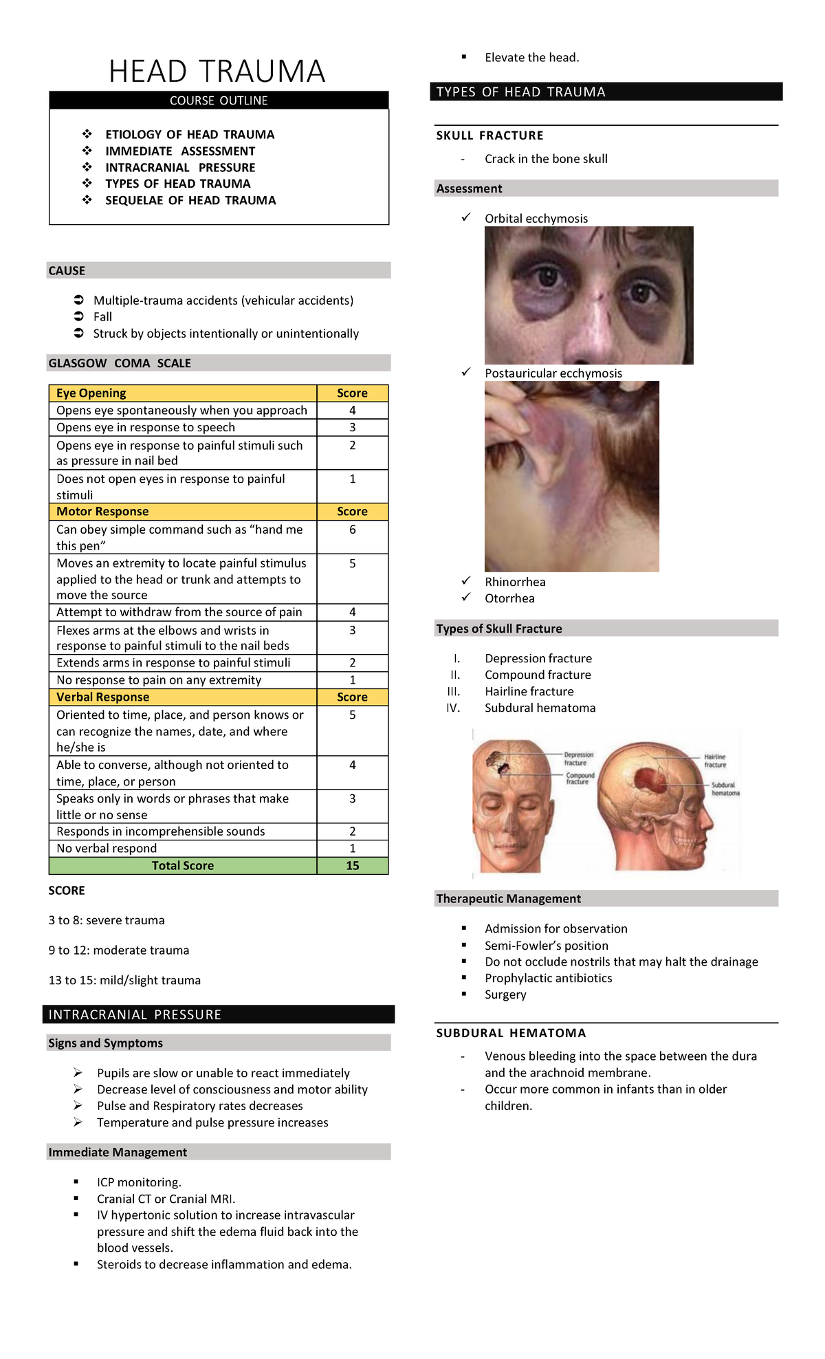 Nursing Care for Head Trauma - HEAD TRAUMA COURSE OUTLINE ETIOLOGY OF ...