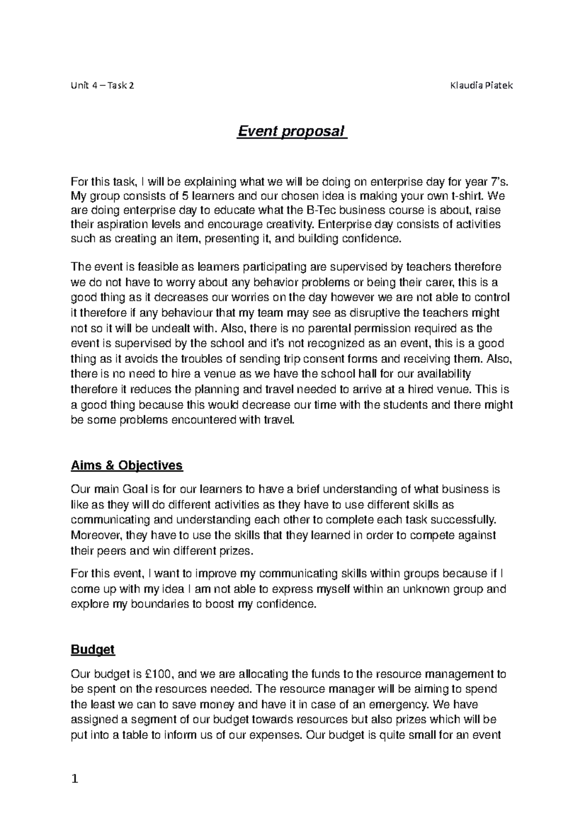 Unit 4 - Grade: B+ - Unit 4 – Task 2 Klaudia Piatek Event Proposal For ...