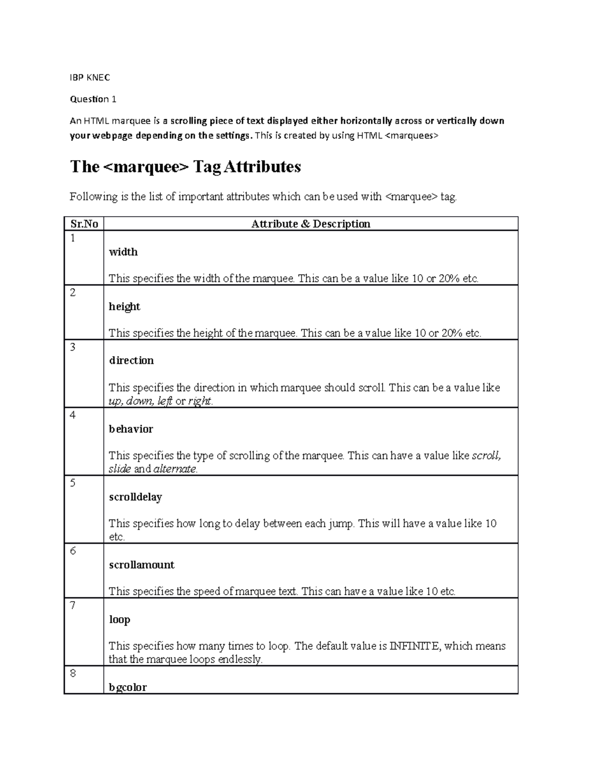 IBP KNEC JULY 2019 - exams - IBP KNEC Question 1 An HTML marquee is a ...
