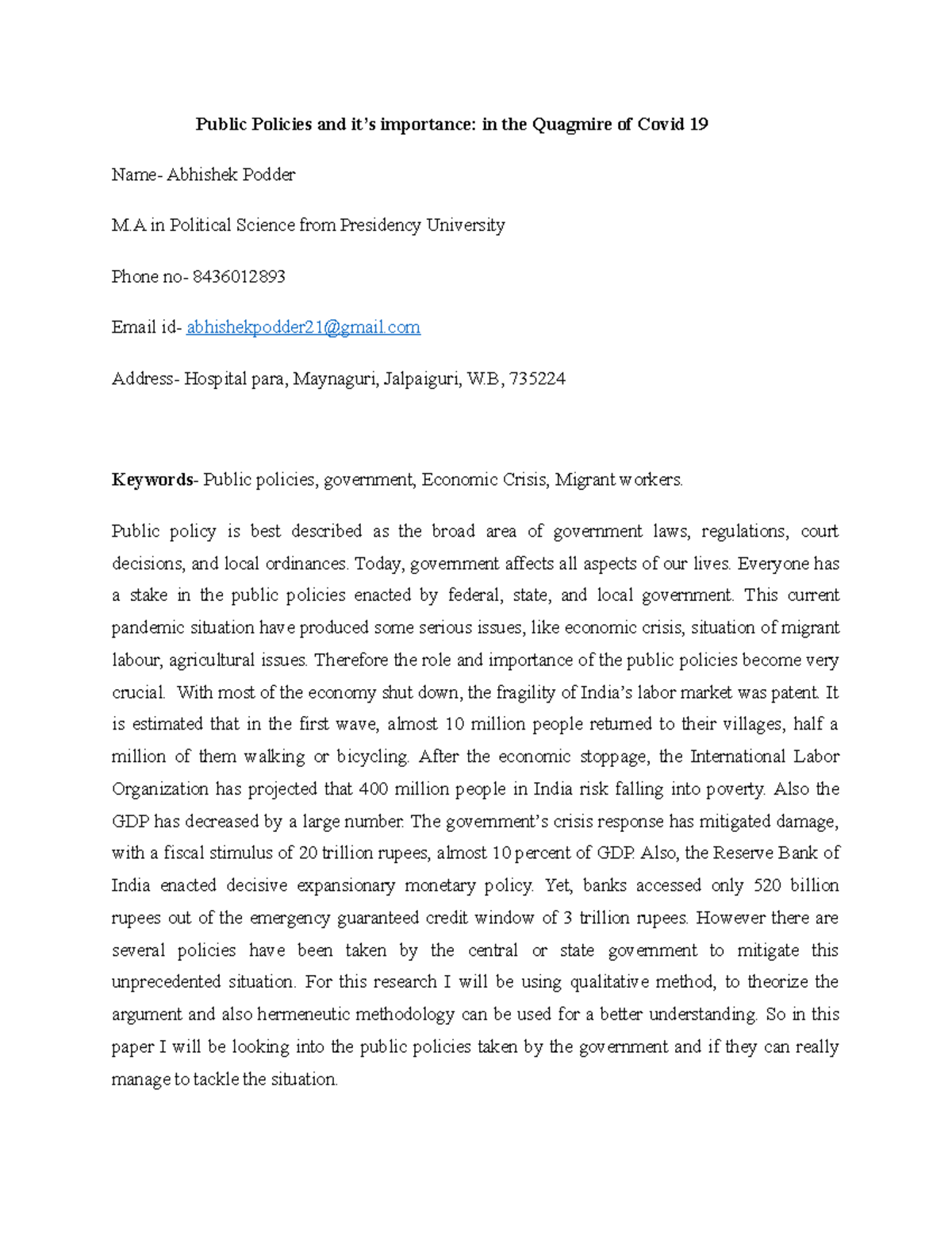 Abstract for the seminar - Public Policies and it’s importance: in the ...