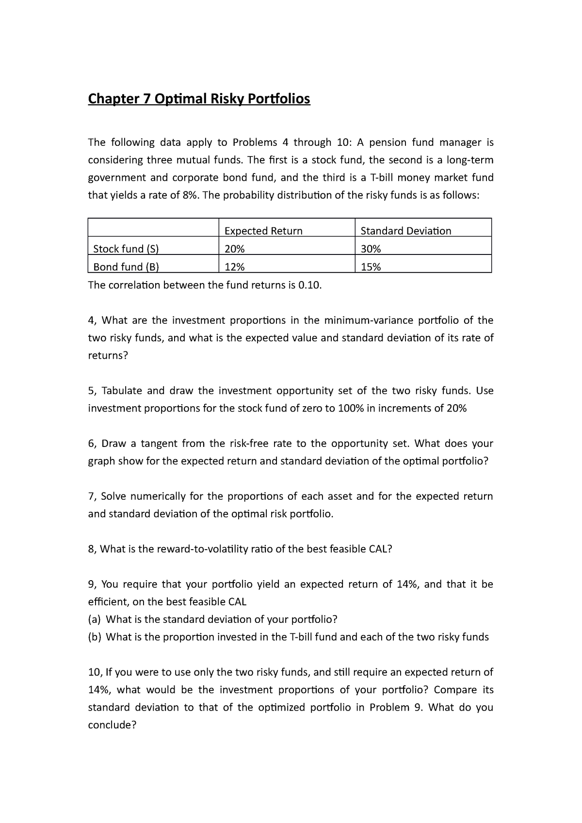 Solutions For Problem Sets Chapter 7 - Chapter 7 Optimal Risky ...