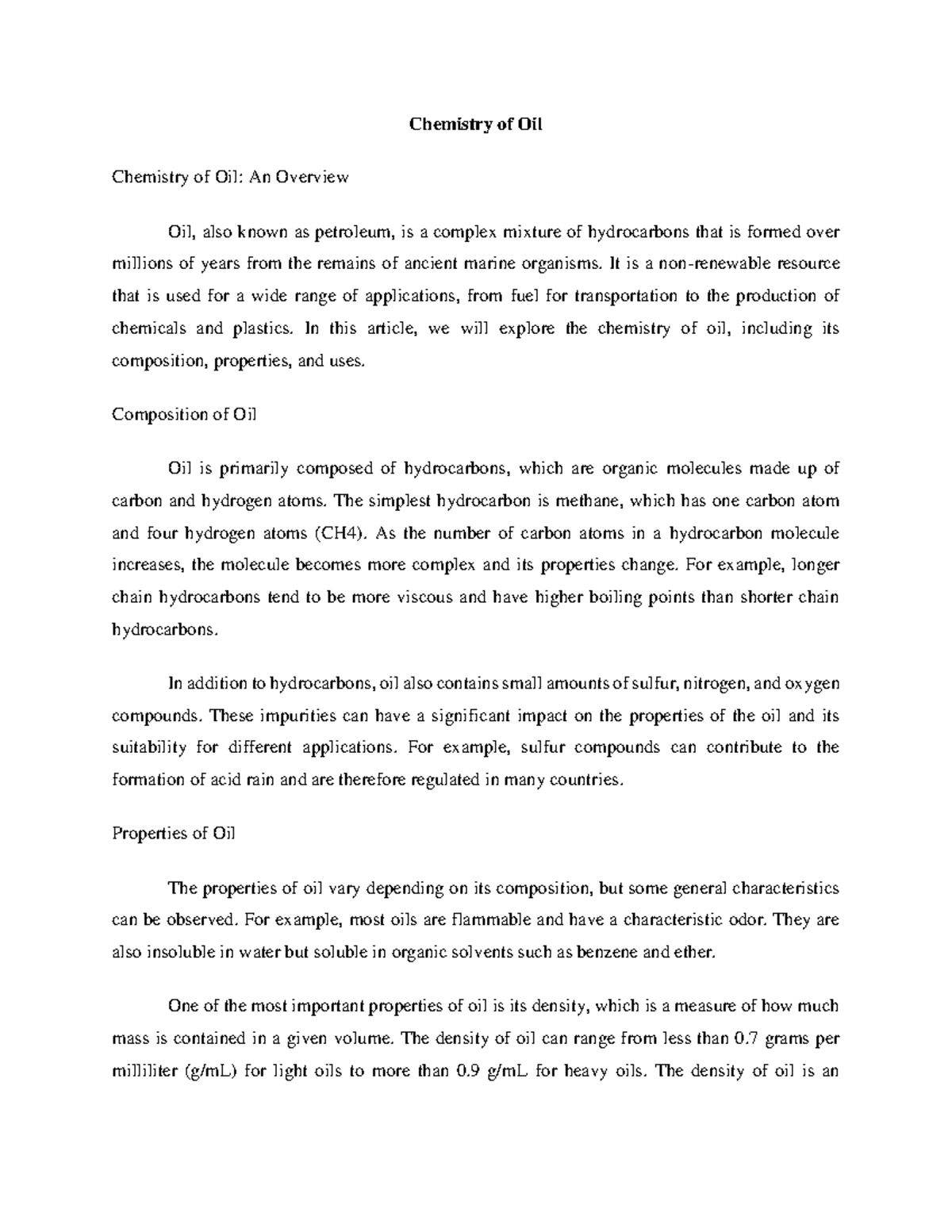 Chemistry of Oil Chemistry of Oil Chemistry of Oil An Overview Oil