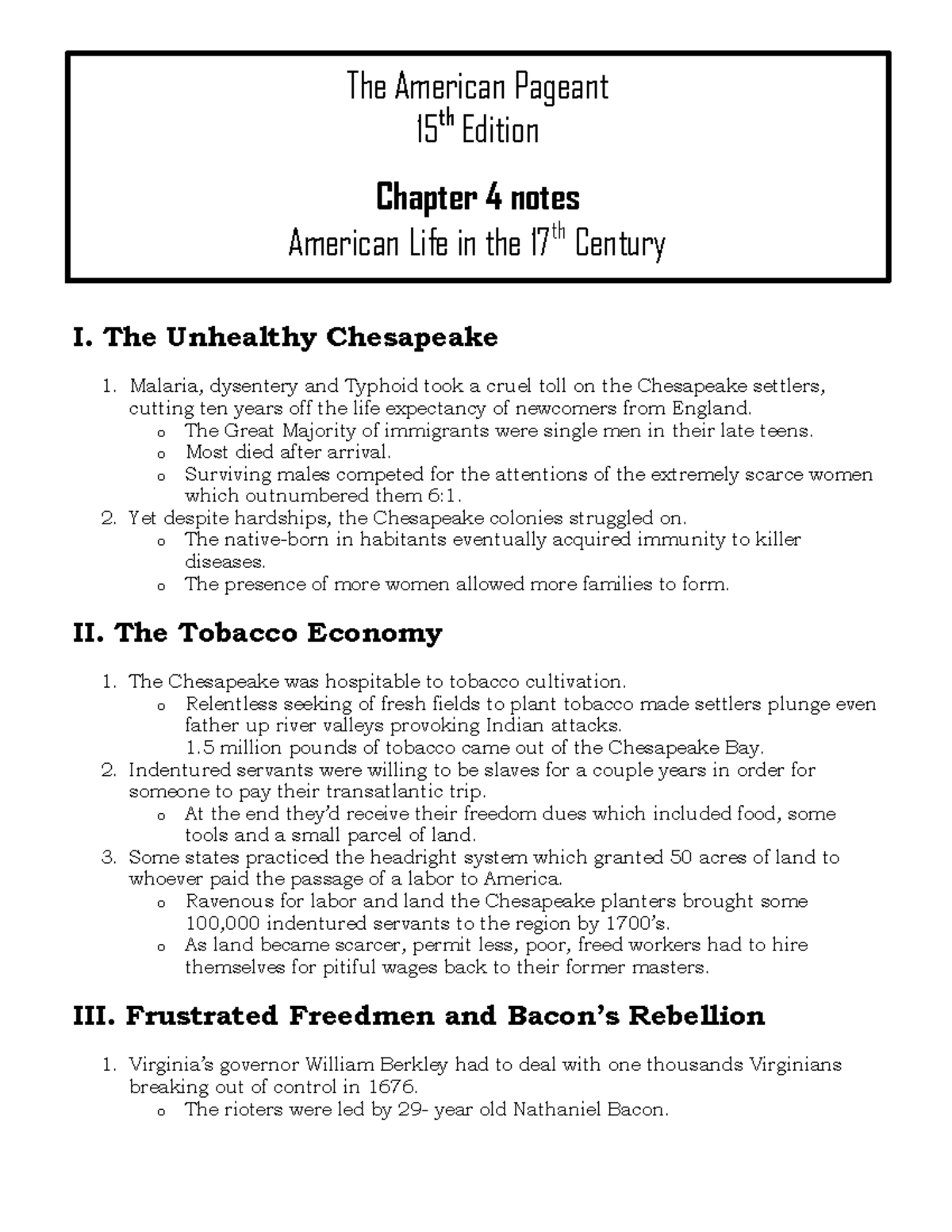 Chapter 4 notes - I. The Unhealthy Chesapeake 1. Malaria, dysentery and ...