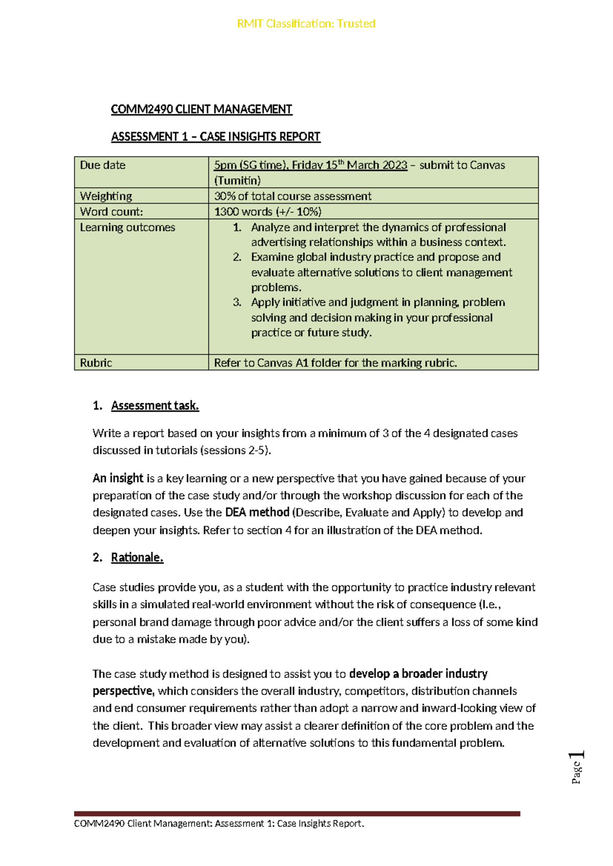 COMM2490 A1 case study insights Brief 2024 - Page 1 RMIT Classification ...