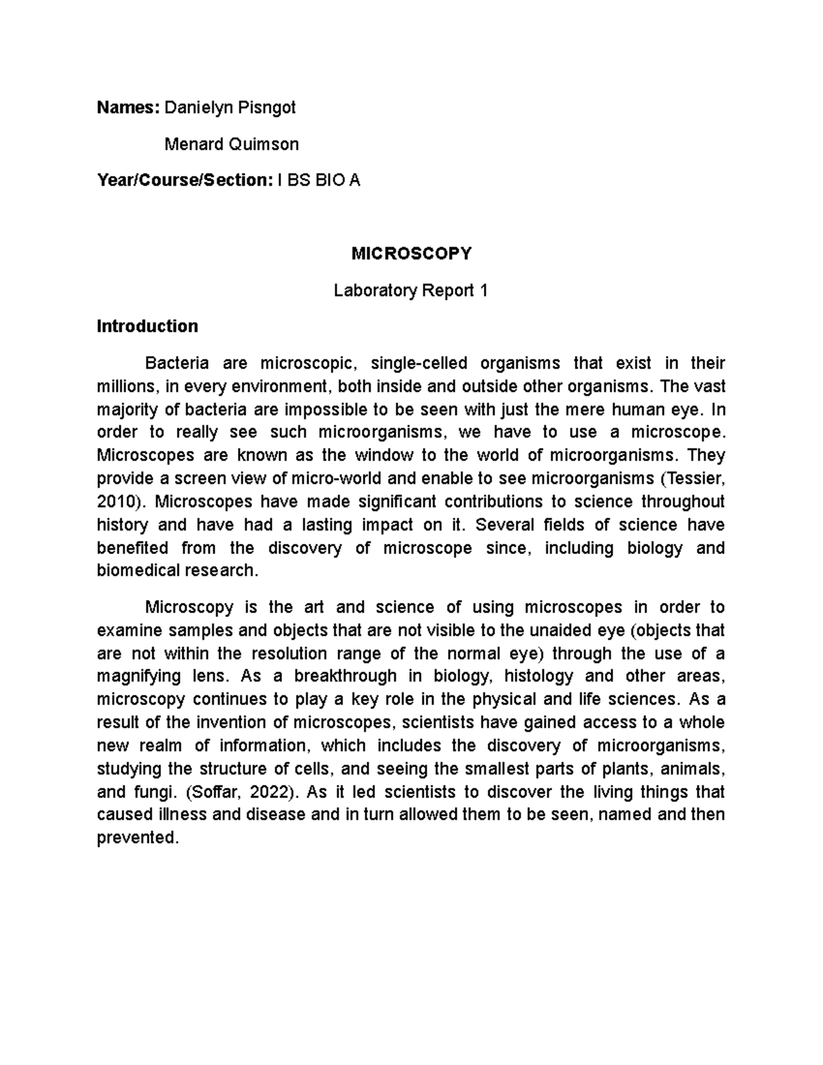 Microscopy - Names: Danielyn Pisngot Menard Quimson Year/Course/Section ...