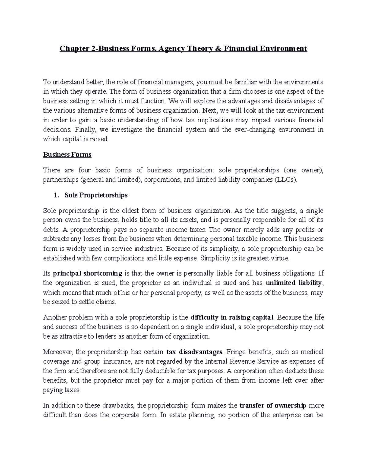 Chapter 2 - Student of bba - Chapter 2-Business Forms, Agency Theory ...