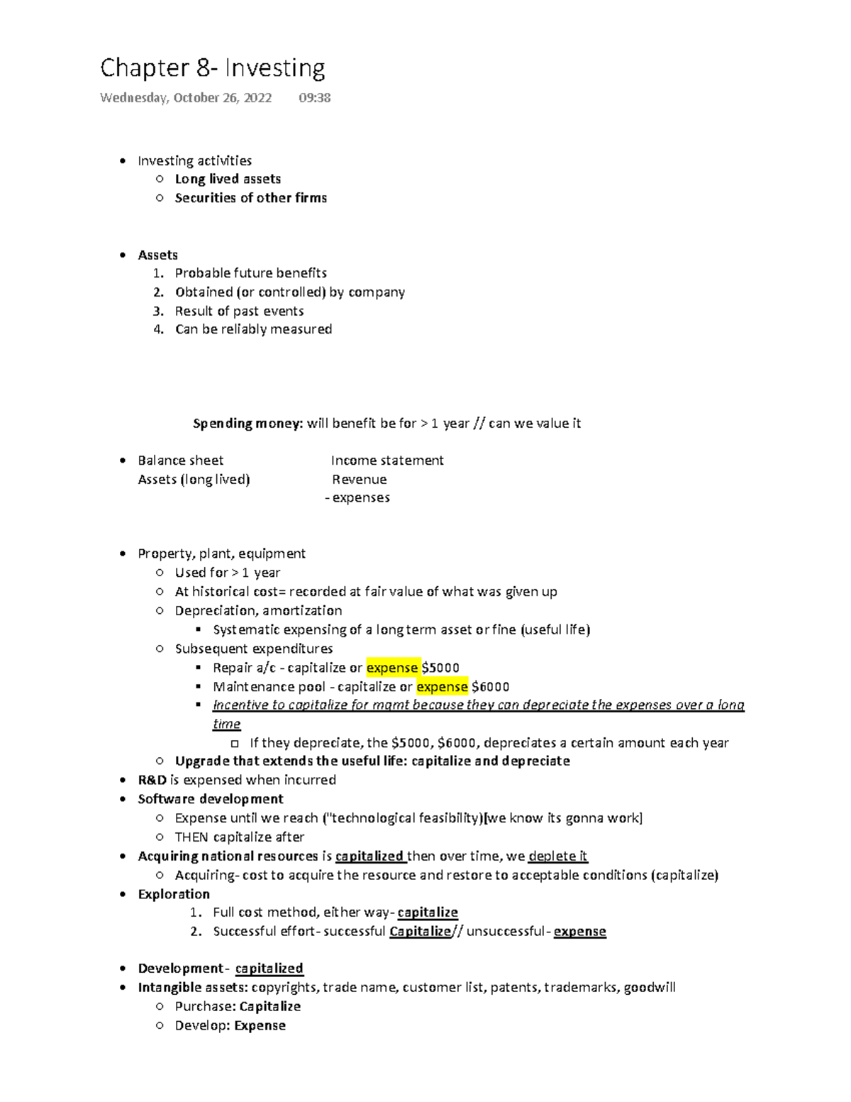 Chapter 8 notes - Investing activities Long lived assets Securities of ...