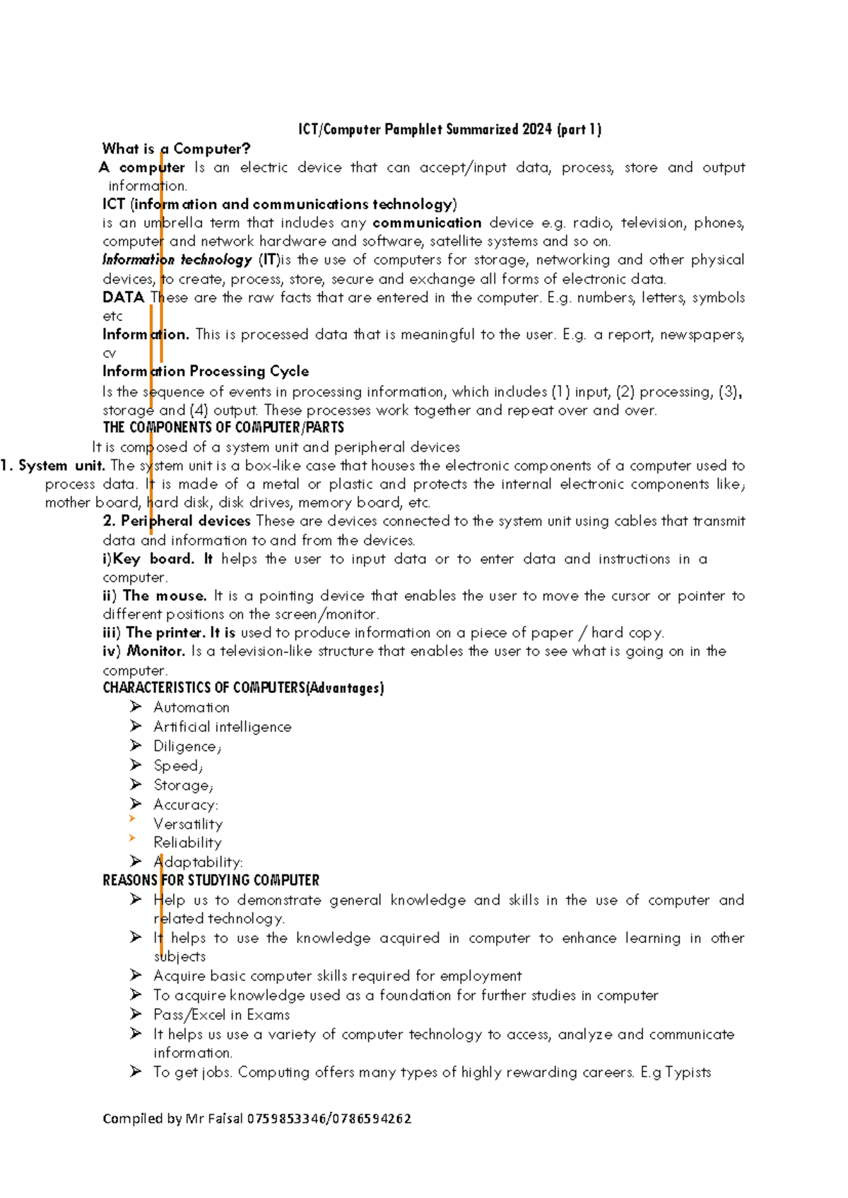 ICT or Comp handout Summarized part 1 - ICT/Computer Pamphlet ...