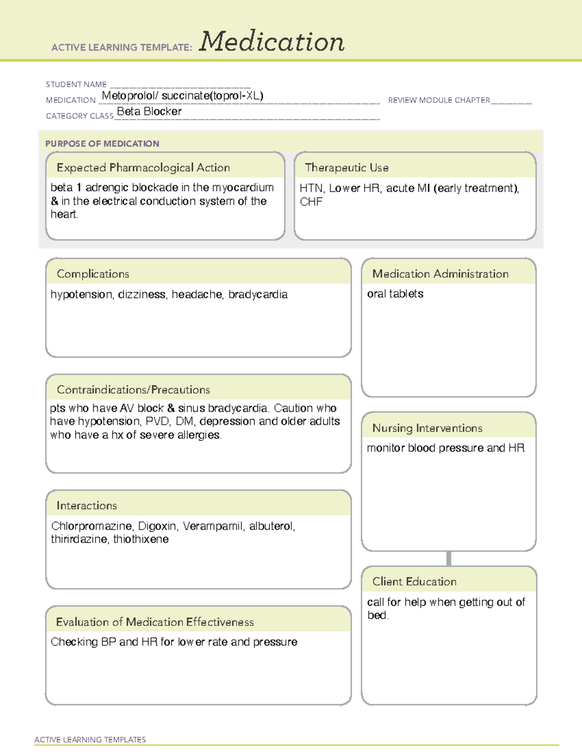 Metoprolol med template - ACTIVE LEARNING TEMPLATES Medication STUDENT ...