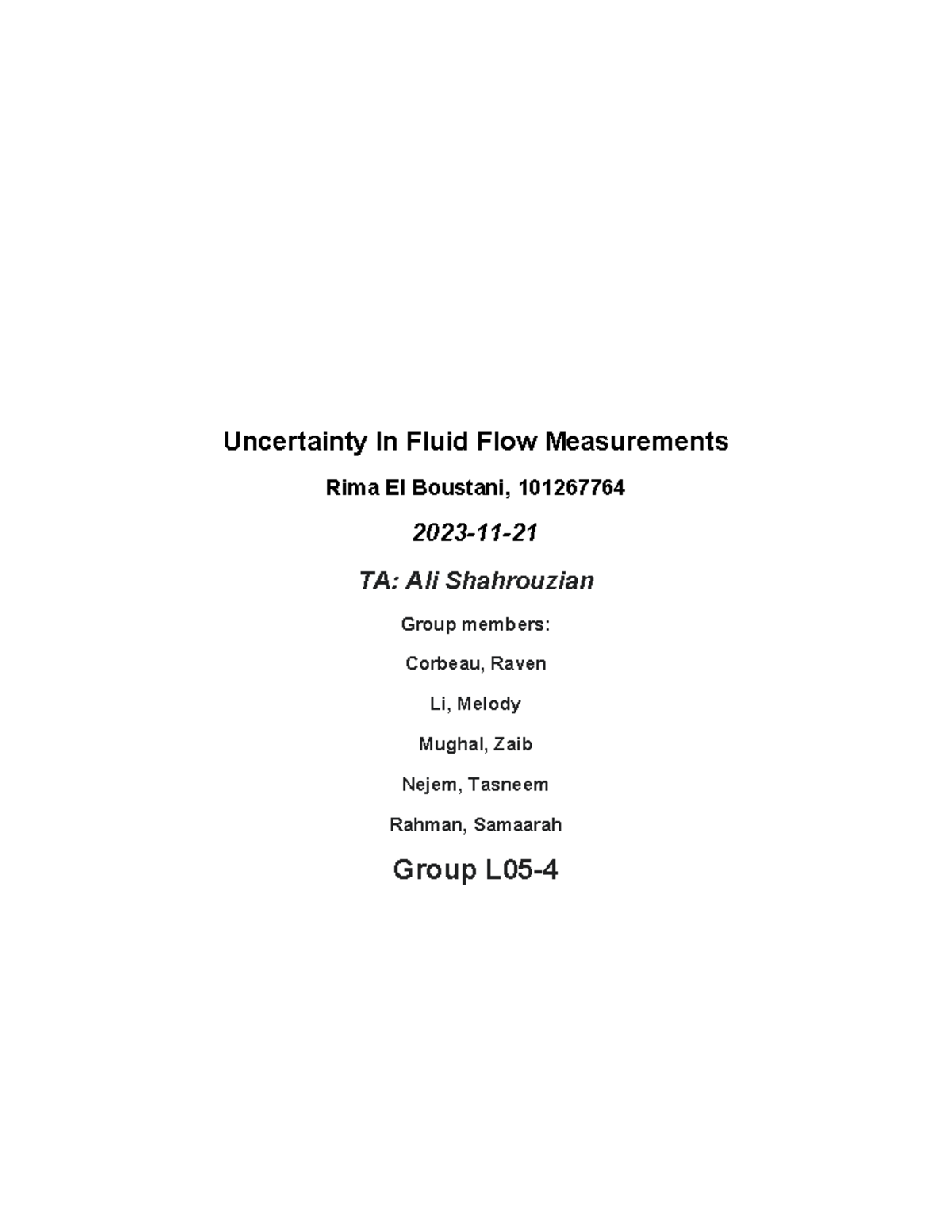 MAAE 2300 Lab 3, Rima El Boustani,101267764 - Uncertainty In Fluid Flow ...