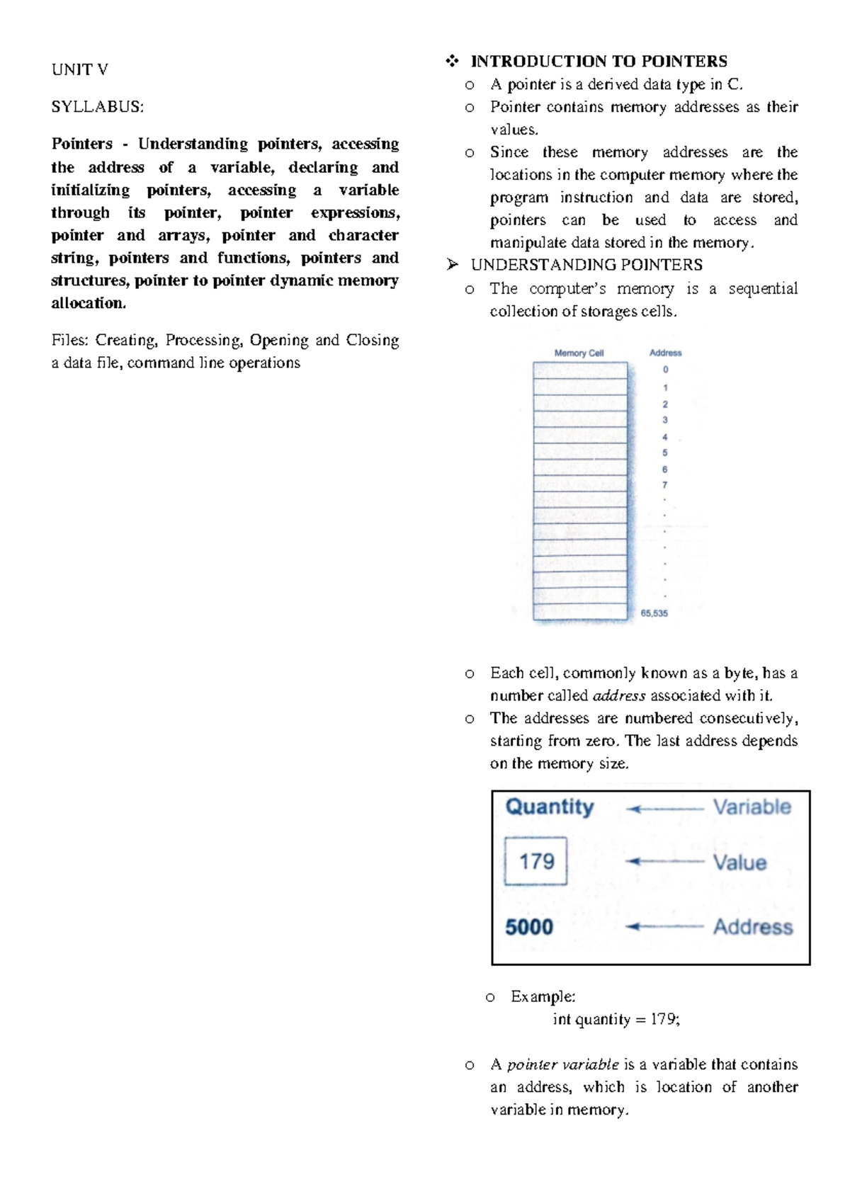 Problem Solving Using C (1) 241115 091213 - UNIT V SYLLABUS: Pointers ...